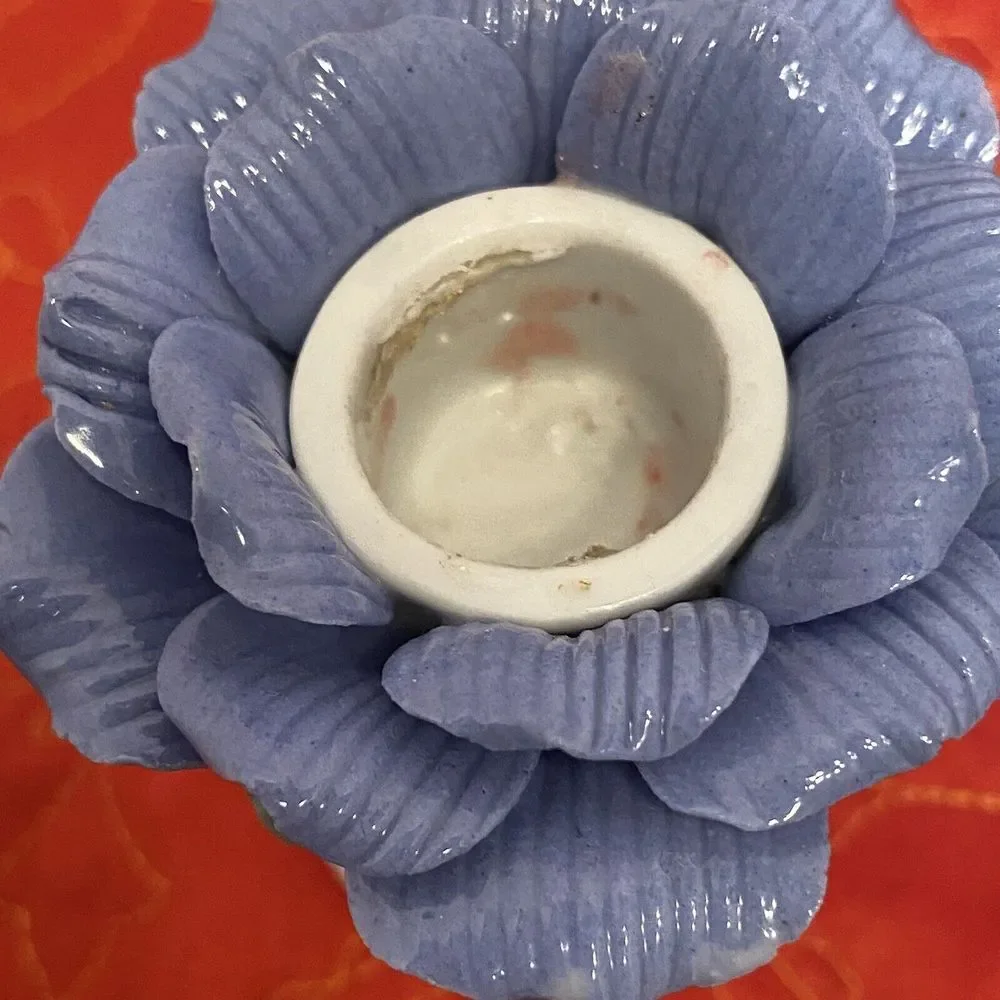 Lot of 2 VTG Blue Rose Porcelain Candlestick Holders One Perfect, One Lil Damage